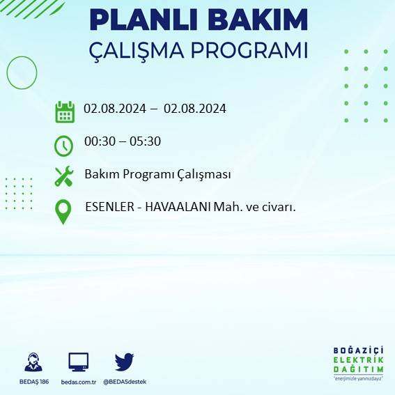 BEDAŞ açıkladı: İstanbul'da yarın elektrik kesintisi yaşanacak ilçeler 25