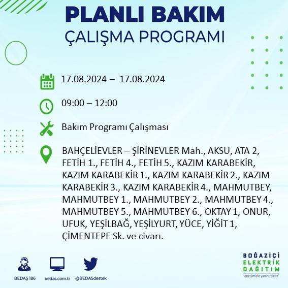 BEDAŞ: İstanbul'da yarın elektrik kesintisi yaşanacak ilçeler 10