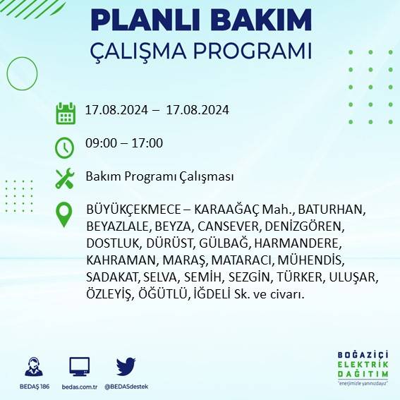 BEDAŞ: İstanbul'da yarın elektrik kesintisi yaşanacak ilçeler 15