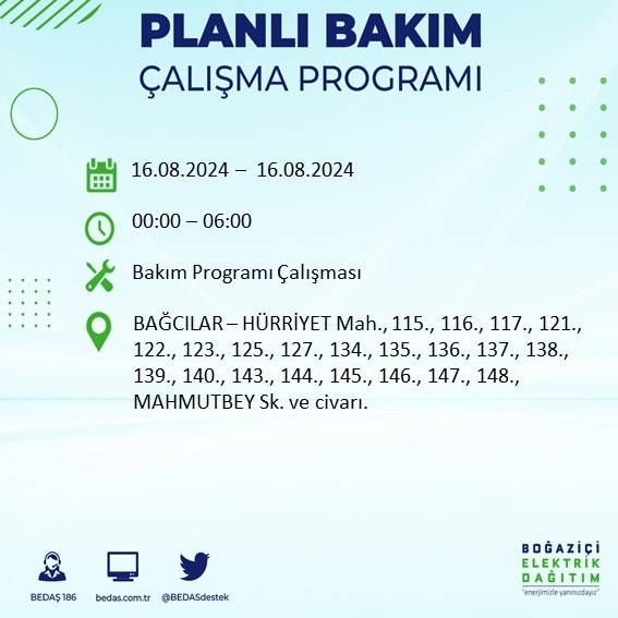 BEDAŞ duyurdu: İstanbul'da yarın elektrik kesintisi yaşanacak ilçeler 6