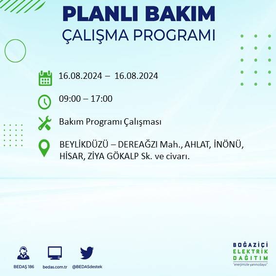 BEDAŞ duyurdu: İstanbul'da yarın elektrik kesintisi yaşanacak ilçeler 16