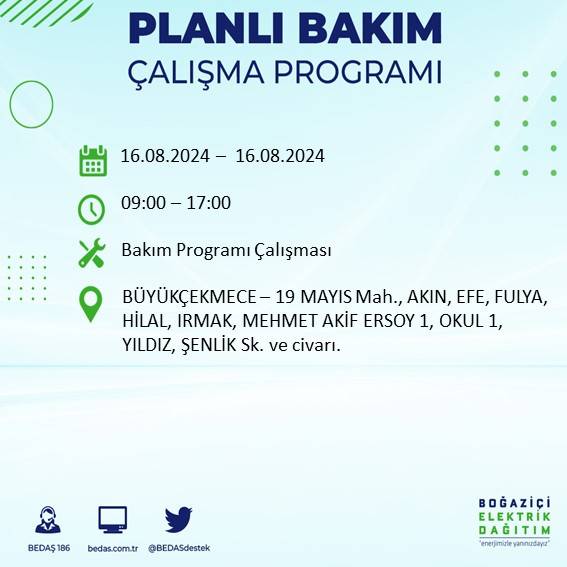 BEDAŞ duyurdu: İstanbul'da yarın elektrik kesintisi yaşanacak ilçeler 17