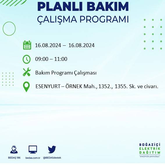 BEDAŞ duyurdu: İstanbul'da yarın elektrik kesintisi yaşanacak ilçeler 22