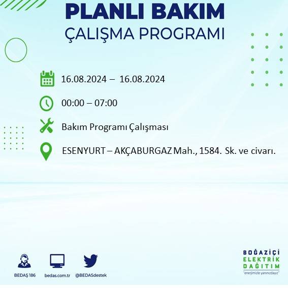 BEDAŞ duyurdu: İstanbul'da yarın elektrik kesintisi yaşanacak ilçeler 20