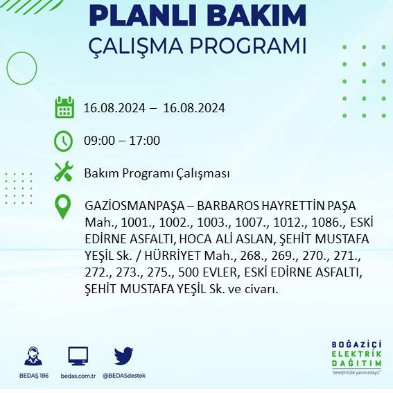 BEDAŞ duyurdu: İstanbul'da yarın elektrik kesintisi yaşanacak ilçeler 36