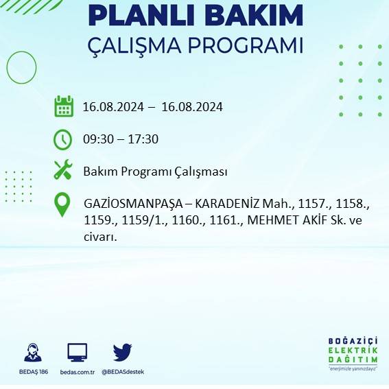 BEDAŞ duyurdu: İstanbul'da yarın elektrik kesintisi yaşanacak ilçeler 35