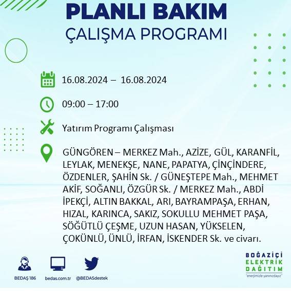 BEDAŞ duyurdu: İstanbul'da yarın elektrik kesintisi yaşanacak ilçeler 37