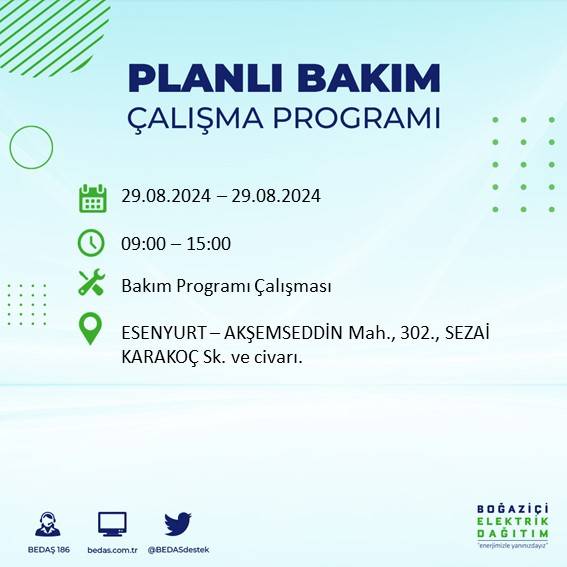 BEDAŞ açıkladı: İstanbul'da yarın elektrik kesintisi yaşanacak ilçeler 19