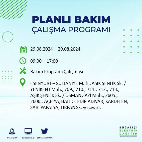 BEDAŞ açıkladı: İstanbul'da yarın elektrik kesintisi yaşanacak ilçeler 20