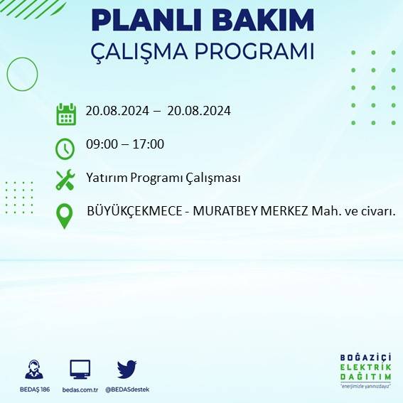 BEDAŞ duyurdu: İstanbul'da 20 Ağustos Salı günü elektrik kesintisi yaşanacak ilçeler 16