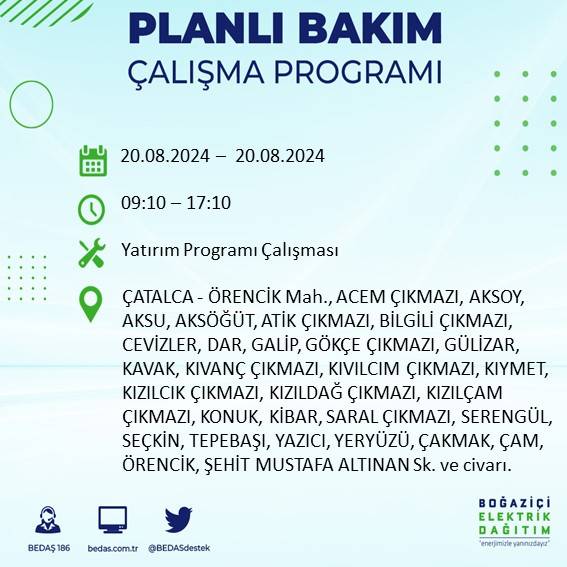 BEDAŞ duyurdu: İstanbul'da 20 Ağustos Salı günü elektrik kesintisi yaşanacak ilçeler 19