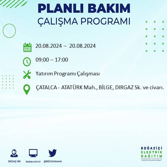 BEDAŞ duyurdu: İstanbul'da 20 Ağustos Salı günü elektrik kesintisi yaşanacak ilçeler 17