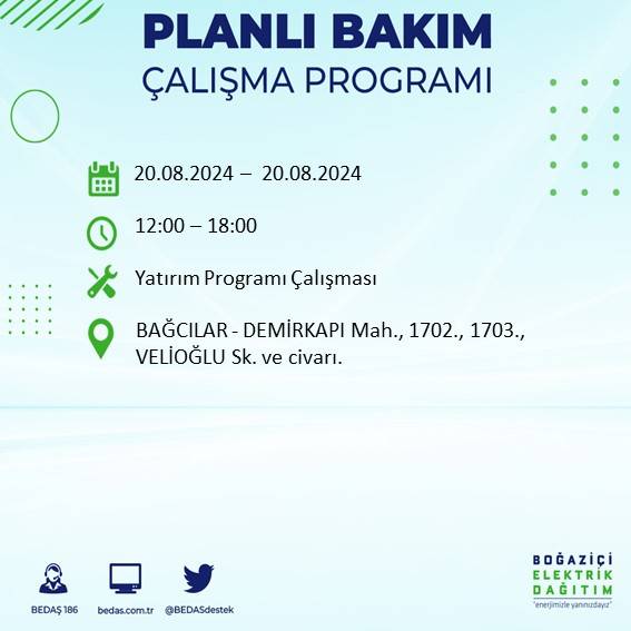 BEDAŞ duyurdu: İstanbul'da 20 Ağustos Salı günü elektrik kesintisi yaşanacak ilçeler 3