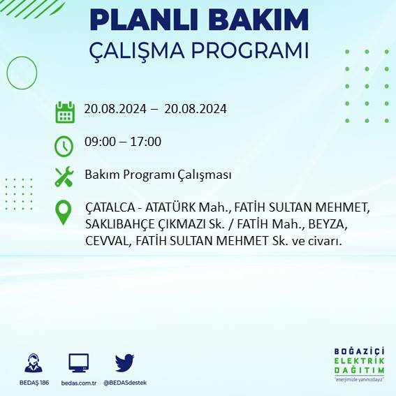 BEDAŞ duyurdu: İstanbul'da 20 Ağustos Salı günü elektrik kesintisi yaşanacak ilçeler 21