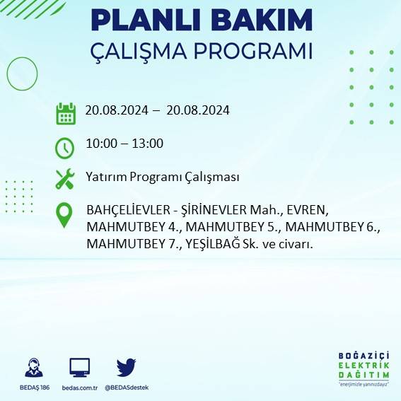 BEDAŞ duyurdu: İstanbul'da 20 Ağustos Salı günü elektrik kesintisi yaşanacak ilçeler 6