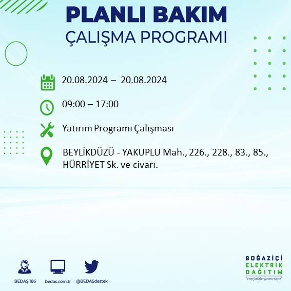 BEDAŞ duyurdu: İstanbul'da 20 Ağustos Salı günü elektrik kesintisi yaşanacak ilçeler 10