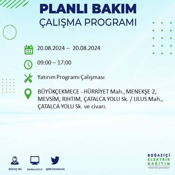 BEDAŞ duyurdu: İstanbul'da 20 Ağustos Salı günü elektrik kesintisi yaşanacak ilçeler 15