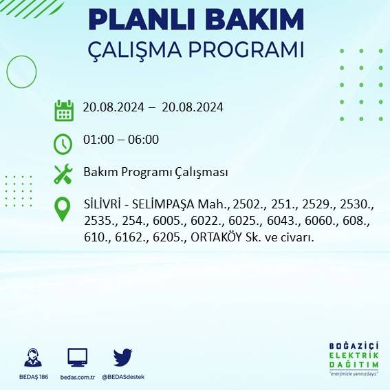 BEDAŞ duyurdu: İstanbul'da 20 Ağustos Salı günü elektrik kesintisi yaşanacak ilçeler 40