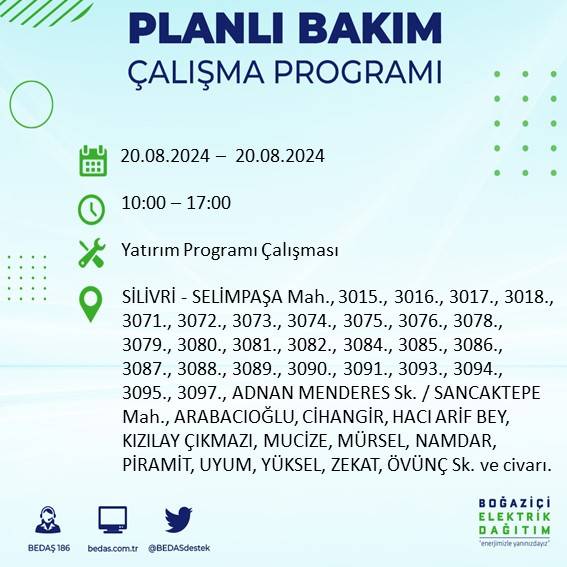 BEDAŞ duyurdu: İstanbul'da 20 Ağustos Salı günü elektrik kesintisi yaşanacak ilçeler 42