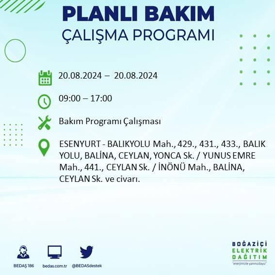 BEDAŞ duyurdu: İstanbul'da 20 Ağustos Salı günü elektrik kesintisi yaşanacak ilçeler 28