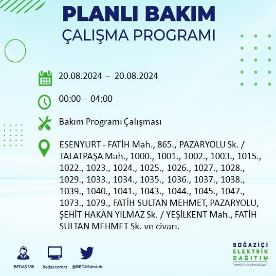 BEDAŞ duyurdu: İstanbul'da 20 Ağustos Salı günü elektrik kesintisi yaşanacak ilçeler 27