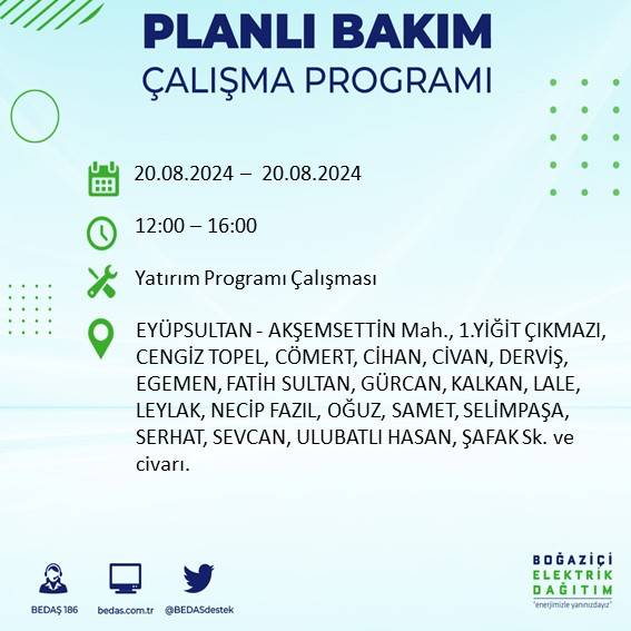 BEDAŞ duyurdu: İstanbul'da 20 Ağustos Salı günü elektrik kesintisi yaşanacak ilçeler 31