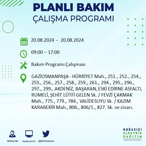 BEDAŞ duyurdu: İstanbul'da 20 Ağustos Salı günü elektrik kesintisi yaşanacak ilçeler 33