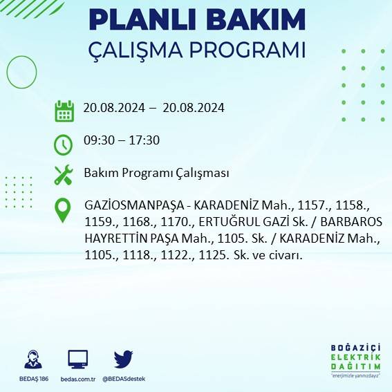 BEDAŞ duyurdu: İstanbul'da 20 Ağustos Salı günü elektrik kesintisi yaşanacak ilçeler 32