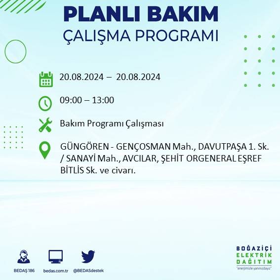 BEDAŞ duyurdu: İstanbul'da 20 Ağustos Salı günü elektrik kesintisi yaşanacak ilçeler 34