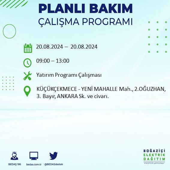 BEDAŞ duyurdu: İstanbul'da 20 Ağustos Salı günü elektrik kesintisi yaşanacak ilçeler 36