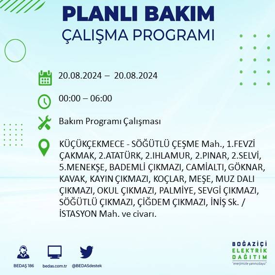 BEDAŞ duyurdu: İstanbul'da 20 Ağustos Salı günü elektrik kesintisi yaşanacak ilçeler 37