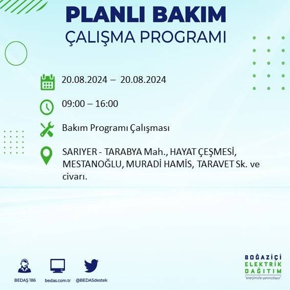 BEDAŞ duyurdu: İstanbul'da 20 Ağustos Salı günü elektrik kesintisi yaşanacak ilçeler 39