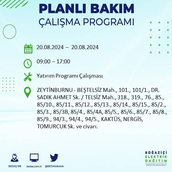 BEDAŞ duyurdu: İstanbul'da 20 Ağustos Salı günü elektrik kesintisi yaşanacak ilçeler 45