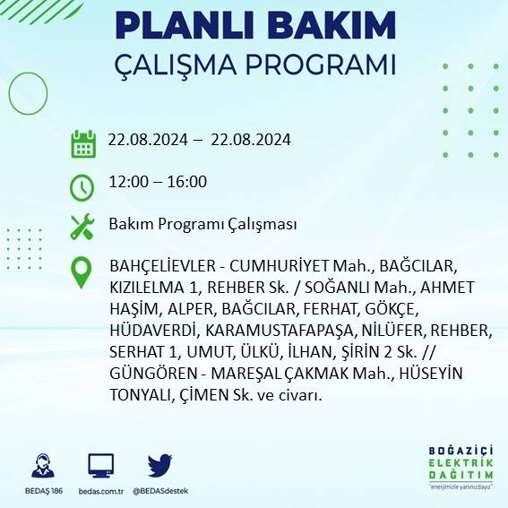 BEDAŞ paylaştı: İstanbul'da yarın elektrik kesintisi yaşanacak ilçeler 11