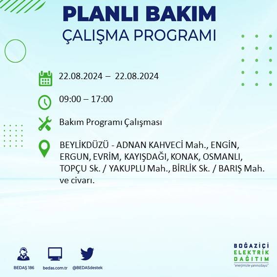 BEDAŞ paylaştı: İstanbul'da yarın elektrik kesintisi yaşanacak ilçeler 19