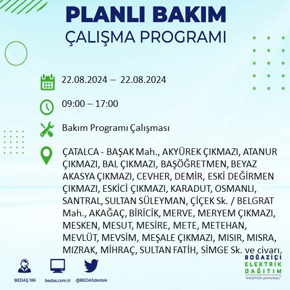 BEDAŞ paylaştı: İstanbul'da yarın elektrik kesintisi yaşanacak ilçeler 24