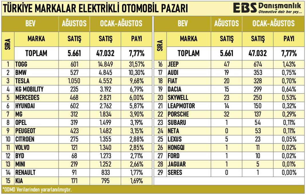 Ağustos'ta elektrikli otomobil satışları sert düştü: Tesla liderliği kaptı 8