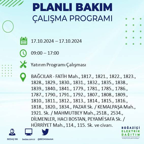 İstanbul'da 17 Ekim'de elektrik kesintisi: Etkilenecek ilçeler ve mahalleler açıklandı 6