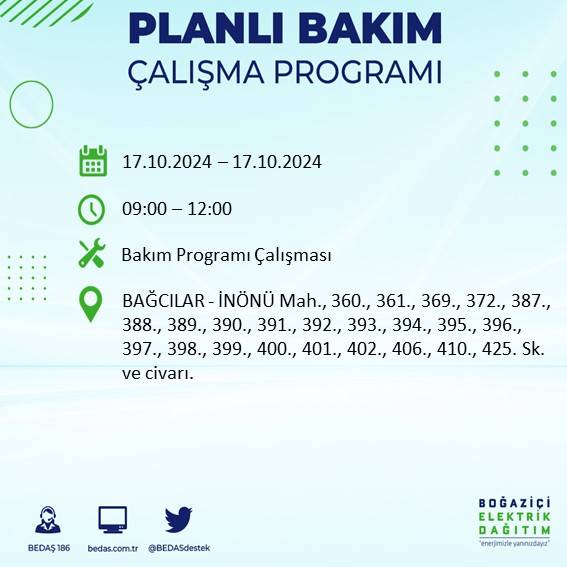 İstanbul'da 17 Ekim'de elektrik kesintisi: Etkilenecek ilçeler ve mahalleler açıklandı 9