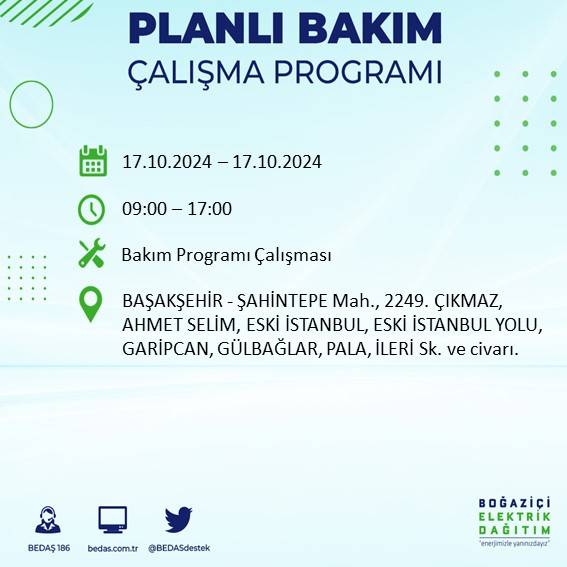 İstanbul'da 17 Ekim'de elektrik kesintisi: Etkilenecek ilçeler ve mahalleler açıklandı 11