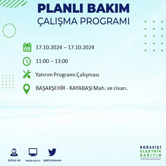 İstanbul'da 17 Ekim'de elektrik kesintisi: Etkilenecek ilçeler ve mahalleler açıklandı 14