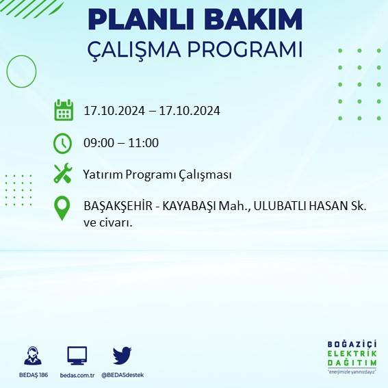 İstanbul'da 17 Ekim'de elektrik kesintisi: Etkilenecek ilçeler ve mahalleler açıklandı 13