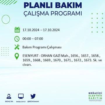 İstanbul'da 17 Ekim'de elektrik kesintisi: Etkilenecek ilçeler ve mahalleler açıklandı 27