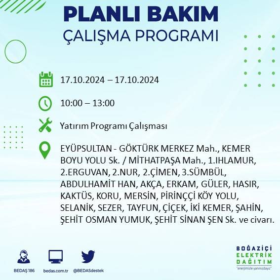 İstanbul'da 17 Ekim'de elektrik kesintisi: Etkilenecek ilçeler ve mahalleler açıklandı 28