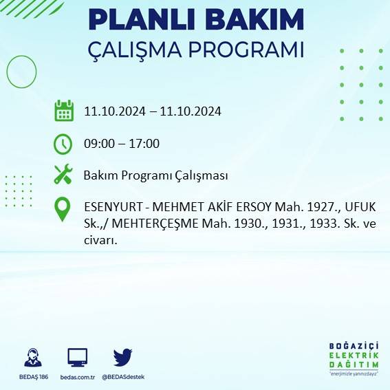 BEDAŞ duyurdu: İstanbul'da 11 Ekim Cuma günü elektrik kesintisi yaşanacak ilçeler 12