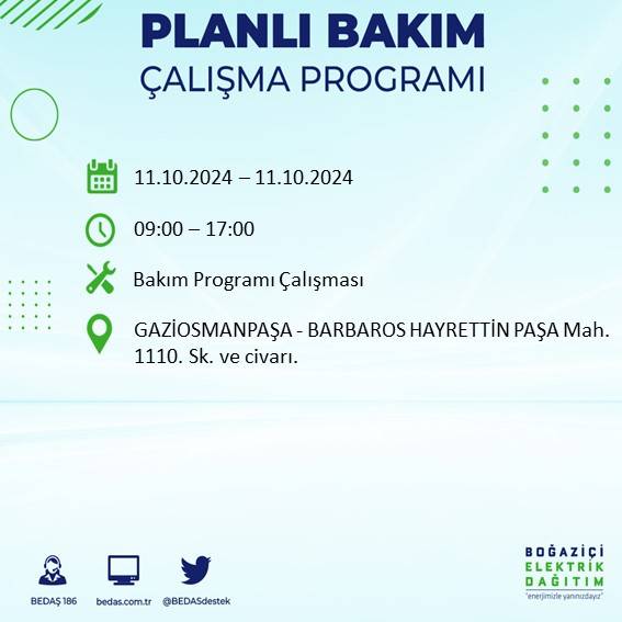 BEDAŞ duyurdu: İstanbul'da 11 Ekim Cuma günü elektrik kesintisi yaşanacak ilçeler 10