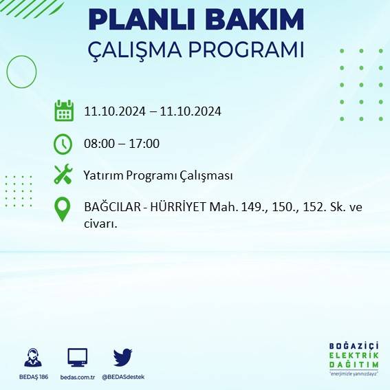 BEDAŞ duyurdu: İstanbul'da 11 Ekim Cuma günü elektrik kesintisi yaşanacak ilçeler 22