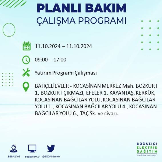 BEDAŞ duyurdu: İstanbul'da 11 Ekim Cuma günü elektrik kesintisi yaşanacak ilçeler 20