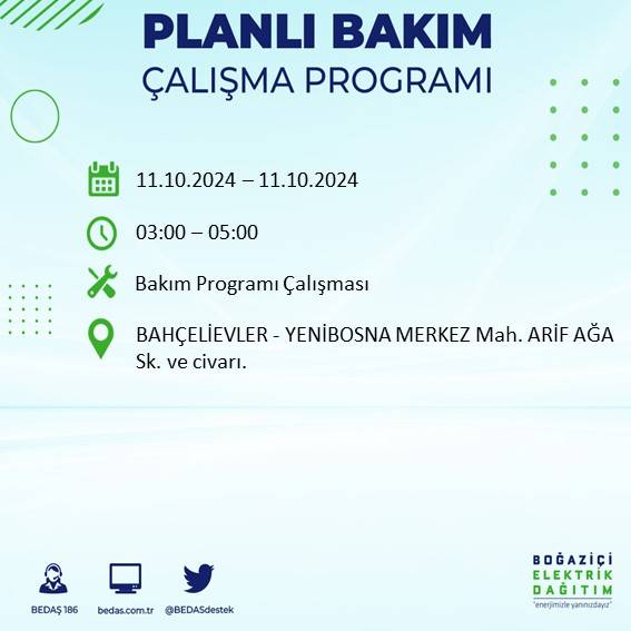 BEDAŞ duyurdu: İstanbul'da 11 Ekim Cuma günü elektrik kesintisi yaşanacak ilçeler 18