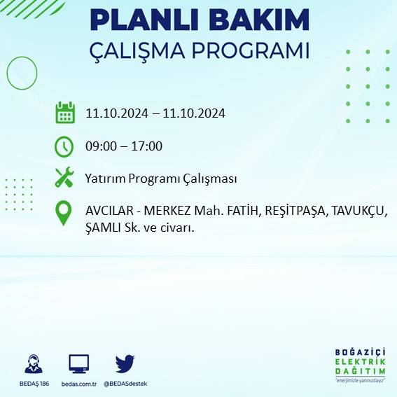 BEDAŞ duyurdu: İstanbul'da 11 Ekim Cuma günü elektrik kesintisi yaşanacak ilçeler 39